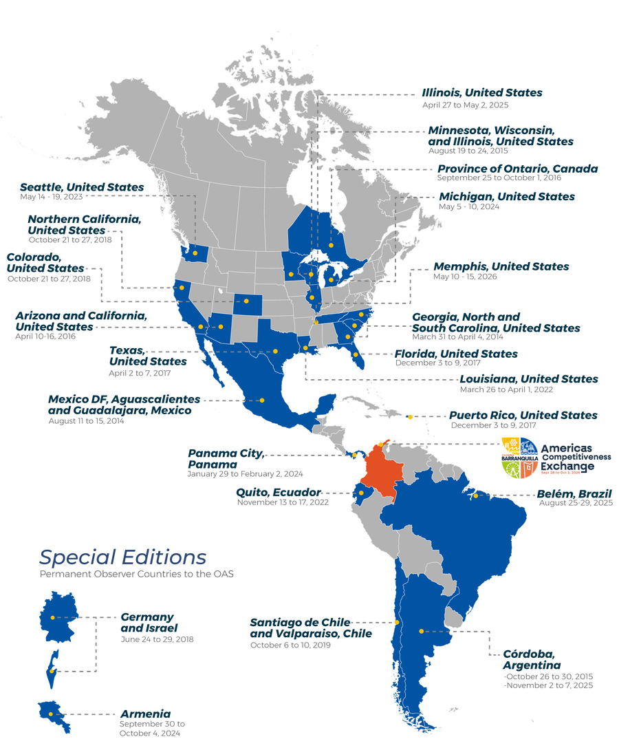 Map of ACE editions across the Americas and beyond