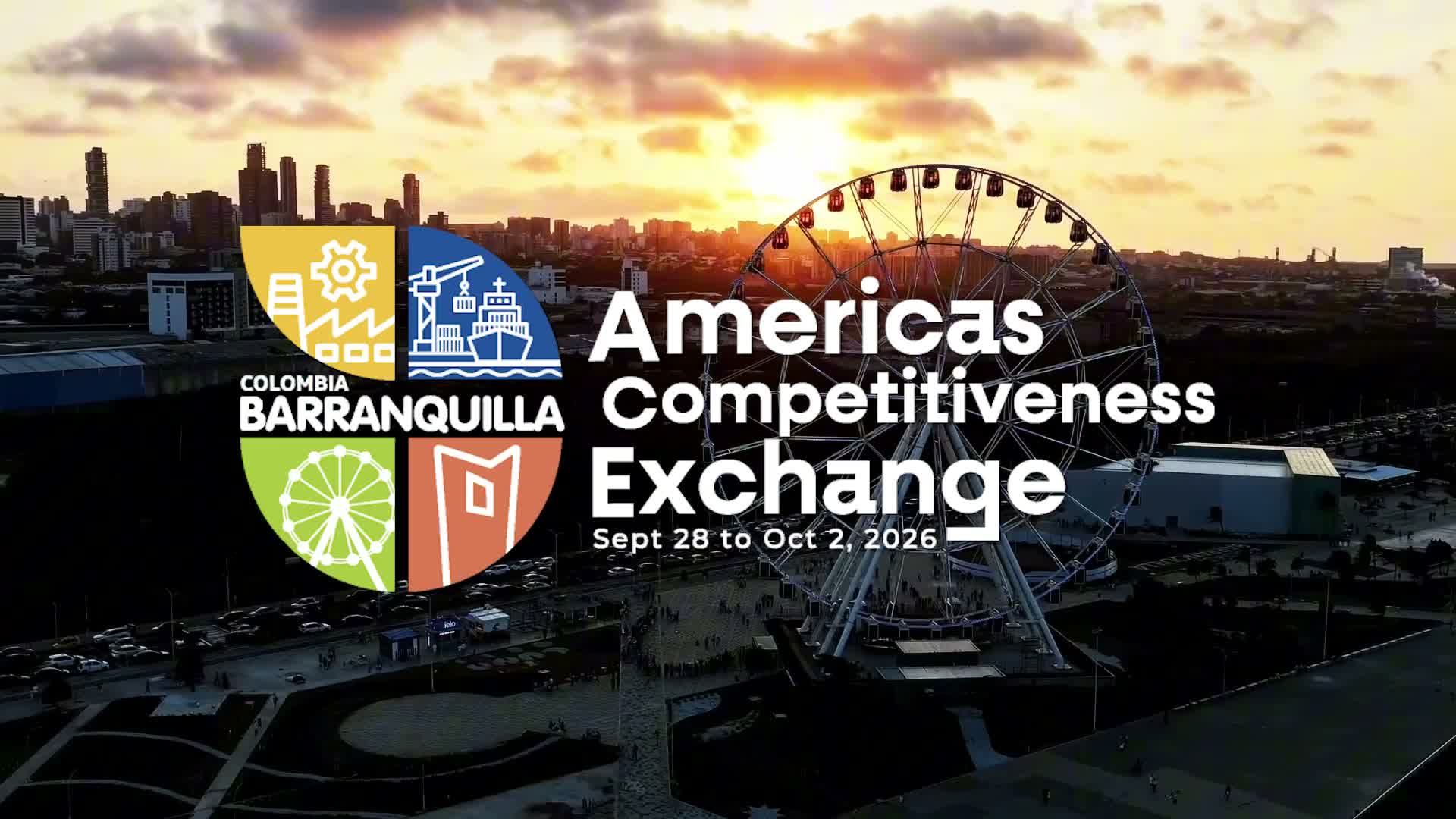 Aerial view of Barranquilla's Gran Malecón at sunset with the ACE Barranquilla 2026 logo